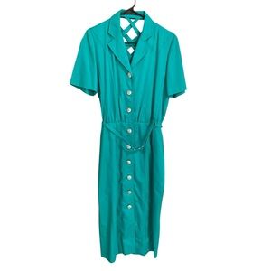 Vintage 80s Teal Button Down short sleeve Midi Dress collar shoulder pad POCKETS